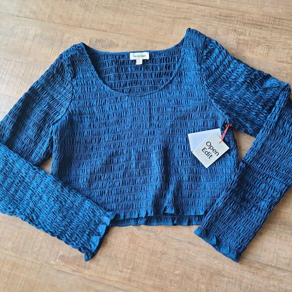 OPEN EDIT Nordstrom Womens XL Rouched Blue‎ Aurora Top Line Sleeve NEW - Picture 2 of 6